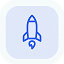 A simple blue line drawing of a rocket ship centered on a rounded light blue square background.