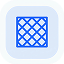 A blue square grid with a crisscross diamond pattern is centered on a rounded light blue background.