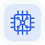 A blue line drawing of a microchip with circuit connections is centered on a light blue rounded square background.