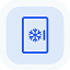 A blue icon of a refrigerator door with a snowflake symbol in the center, set against a light blue rounded square background.