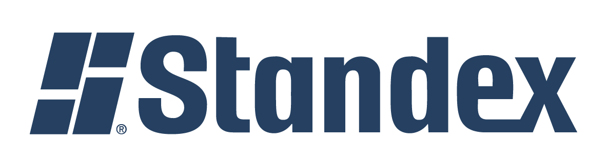 The image shows the Standex logo with a blue geometric icon on the left and the word “Standex” in bold blue letters on the right, all on a light gray background.