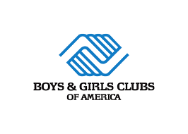 The Boys & Girls Clubs of America logo shows two blue outlined hands joined together above the organizations name in black capital letters on a white background.