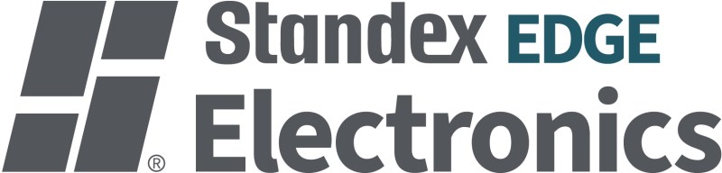 Logo for Standex Electronics featuring three diagonal rectangles on the left and the words Standex EDGE Electronics in bold font, with EDGE highlighted in a different color.