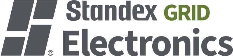 Standex Electronics logo with two abstract gray square shapes on the left and the text Standex GRID Electronics in gray and green on the right.