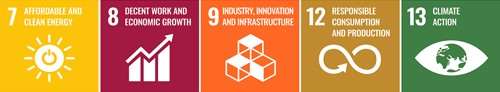 Five colorful blocks show icons and the following text: 7 Affordable and Clean Energy, 8 Decent Work and Economic Growth, 9 Industry, Innovation and Infrastructure, 12 Responsible Consumption and Production, 13 Climate Action.
