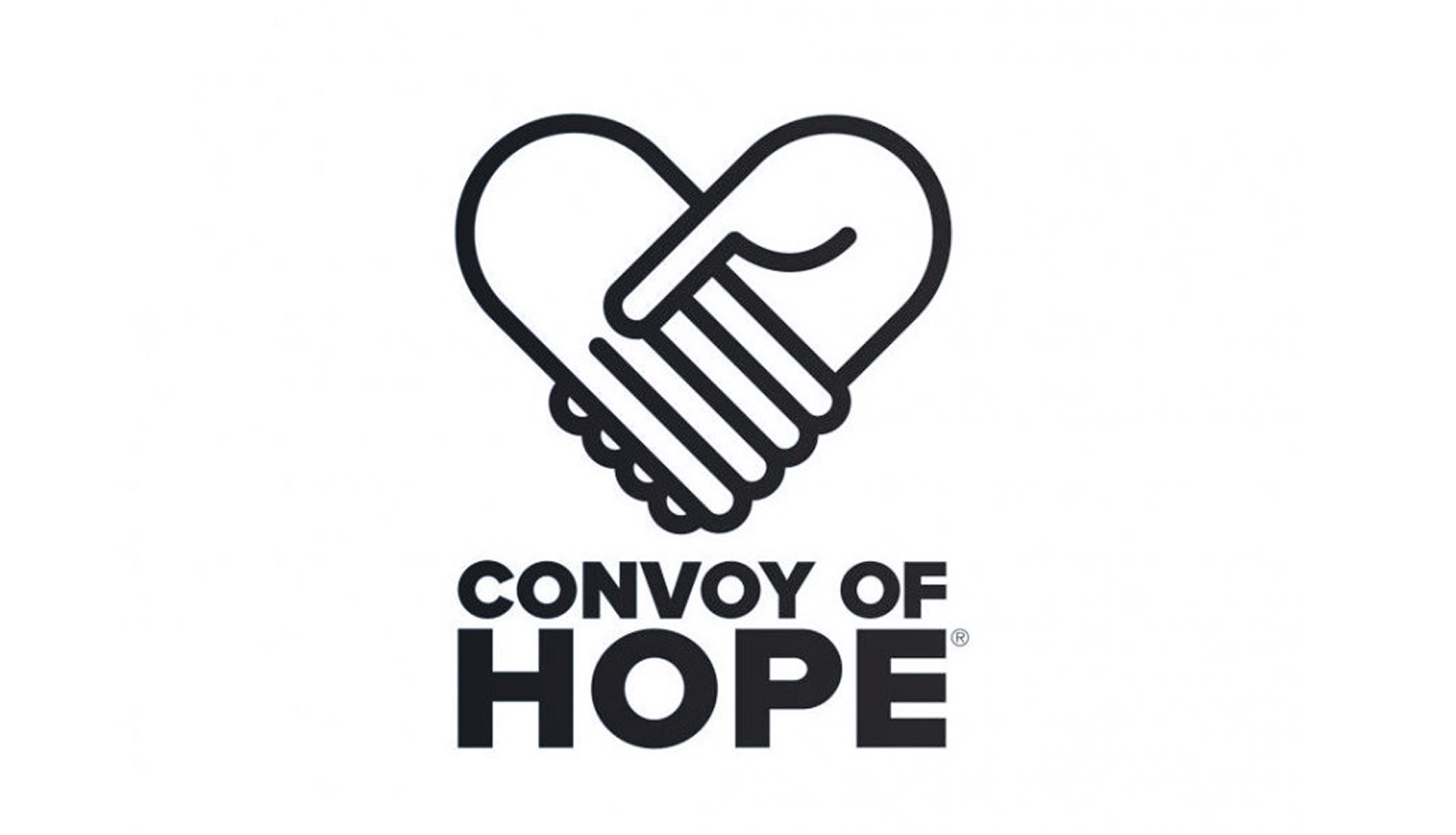 Black and white logo featuring two hands forming a heart shape above the text CONVOY OF HOPE in bold, uppercase letters. The design is simple and minimalistic on a white background.