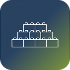 White outline of six toy building bricks arranged in a pyramid shape on a blue and green gradient background.