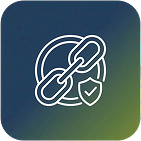 White outline of a chain link and a shield with a check mark on a blue and green gradient background, suggesting security or protection.