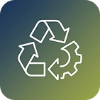 A white recycling symbol with three arrows surrounds part of a gear icon on a blue-to-green gradient background.