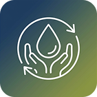White outline of two hands holding a water droplet inside a circle with two arrows, on a blue and green gradient background.