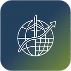 A white outline of a globe with a wind turbine and an upward arrow, symbolizing global growth in renewable energy, appears on a blue and green gradient background.