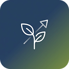 A simple graphic shows two outlined leaves with a diagonal arrow pointing upward behind them, set against a blue and green gradient background with rounded corners.