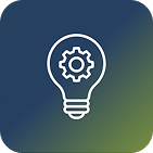 An icon of a light bulb with a gear inside it, outlined in white on a blue-to-green gradient background, representing innovation or technical ideas.