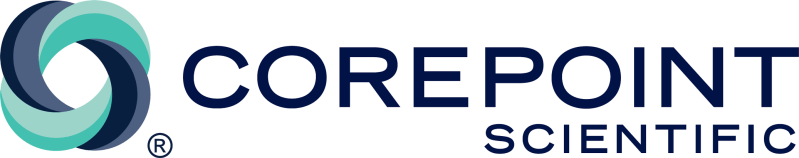 Corepoint Scientific logo featuring an abstract teal and navy circular design to the left of the words “COREPOINT SCIENTIFIC” in bold, dark blue uppercase letters on a light background.