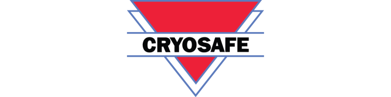A logo featuring a red downward-pointing triangle outlined in blue with the word CRYOSAFE in bold black letters on a white banner across the center.