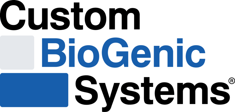 Custom BioGenic Systems logo with the words Custom, BioGenic, and Systems stacked vertically, each word in black or blue text, and two colored rectangles to the left of BioGenic and Systems.