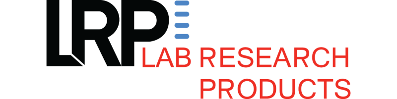 Logo with large black LRP letters on the left, blue horizontal lines beside them, and the words LAB RESEARCH PRODUCTS in red capital letters on the right against a light gray background.