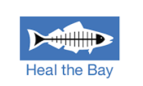 A blue rectangle with a white fish skeleton inside. Below the rectangle, the words Heal the Bay are written in blue text.