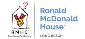 The Ronald McDonald House Long Beach logo features a house outline with two hands clasping inside, a red heart above the chimney, and the words RMHC Southern California and Ronald McDonald House Long Beach.