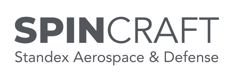 The image shows the logo for SpinCraft, with the words SpinCraft Standex Aerospace & Defense in gray capital and lowercase letters on a light background, representing innovation in the aerospace and defense industry.