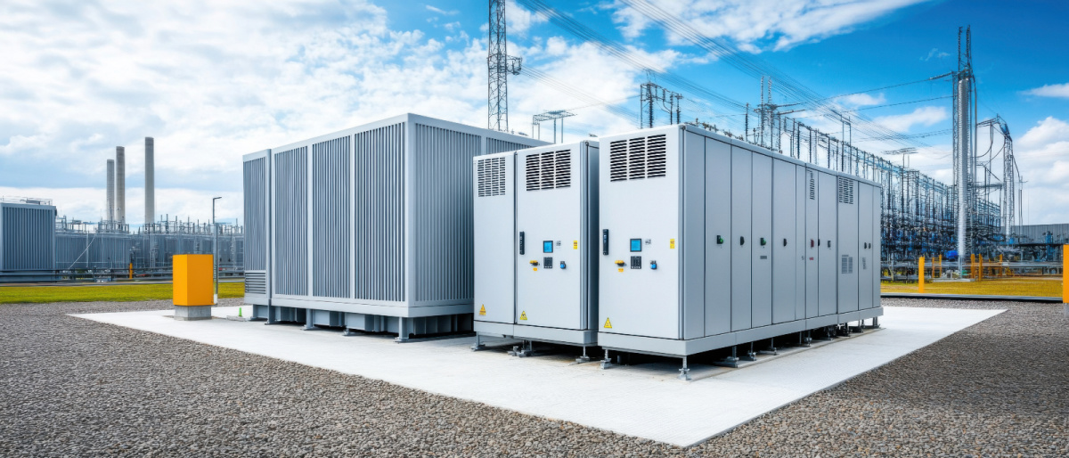 A modern electrical substation with metal cabinets and large industrial containers surrounded by gravel, set against utility poles and power lines under a partly cloudy sky.