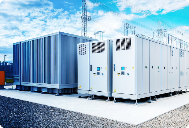 Three large, industrial electrical cabinets filled with electronic components and a vented container stand on a concrete pad outdoors at a utility station, with power lines and blue sky with clouds in the background.
