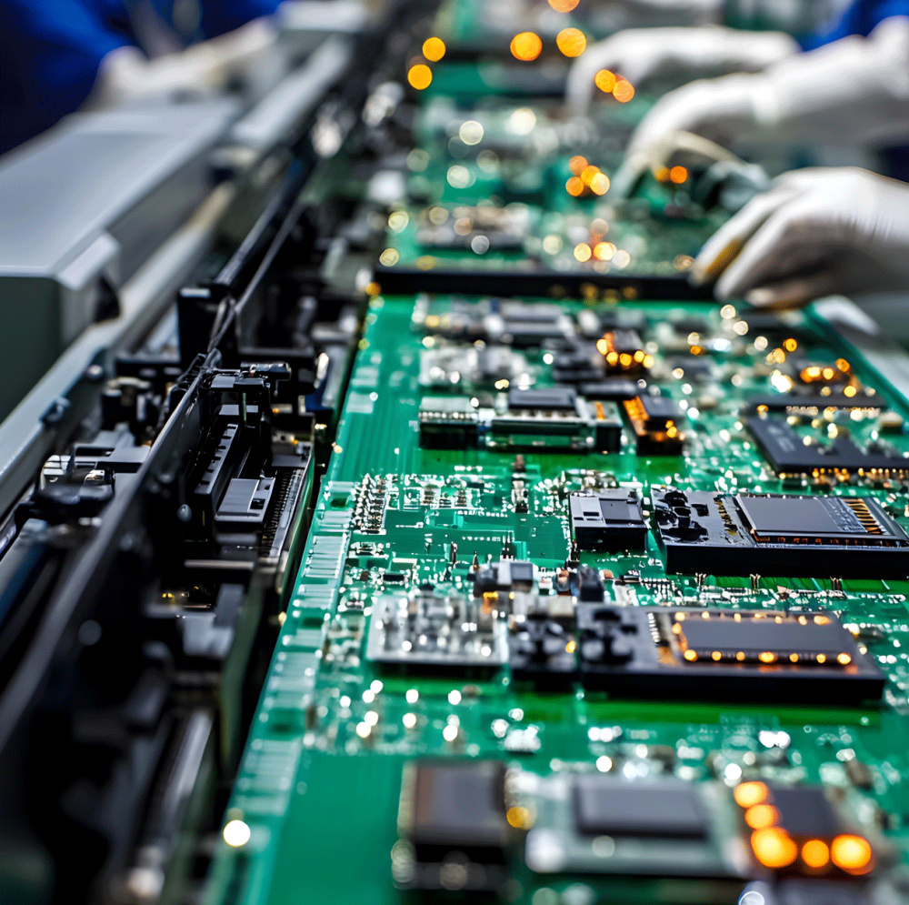 Gloved hands work on an assembly line installing electronic components onto green circuit boards in a factory setting, offering a glimpse into who we are and what we do. The image shows close-up details of the manufacturing process, reflecting the precision and dedication that define us—learn more about us through our commitment to quality.