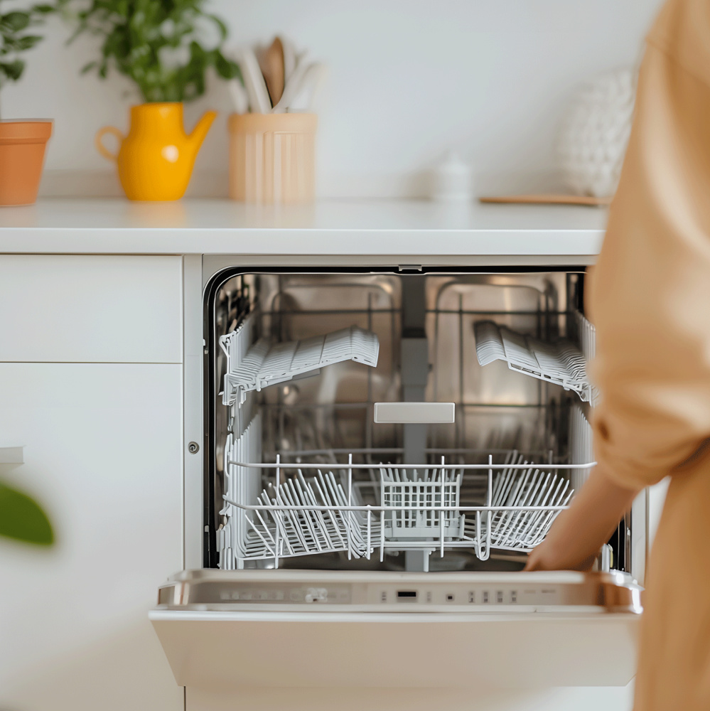 A person loads an empty dishwasher in a modern kitchen with a white countertop. There are various kitchen items on the counter, including a yellow teapot, a potted plant, and a wooden utensil holder, creating an inviting scene that reflects the warmth and functionality central to our About Us story.