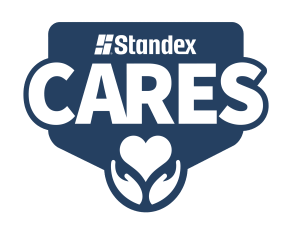 A blue and white logo reads Standex Cares, with two hands holding a heart below the text, representing Standex Cares’s commitment to support and community care.