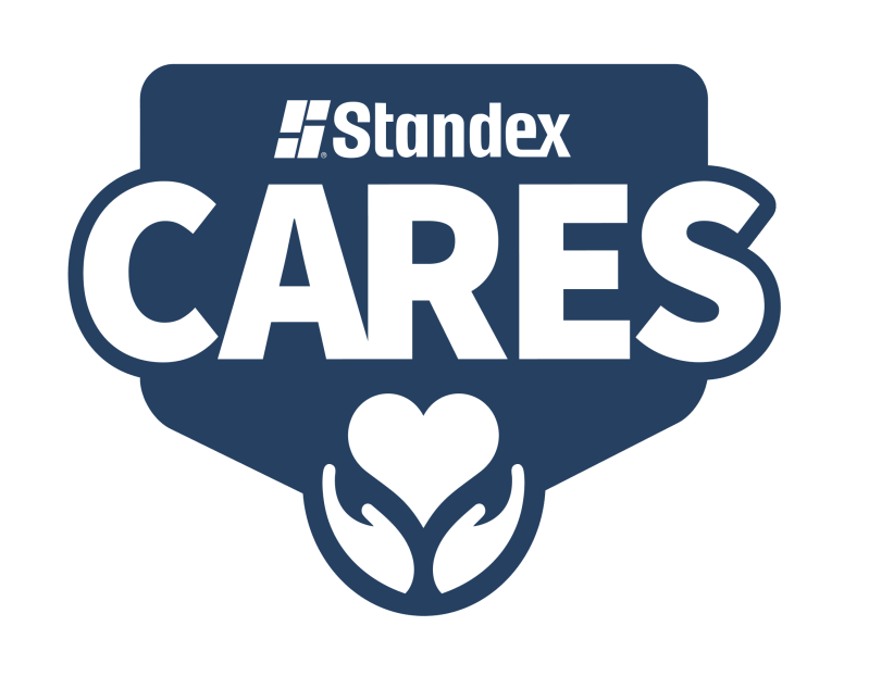 A blue and white logo reads Standex Cares, with two hands holding a heart below the text, representing Standex Cares’s commitment to support and community care.