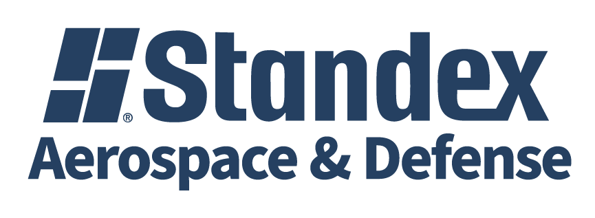 Standex Aerospace & Defense logo in blue text with a geometric symbol to the left, set on a light gray background, representing excellence in the aerospace and defense industry.
