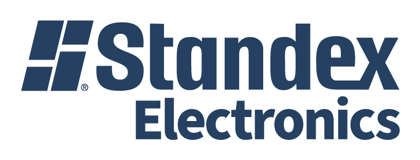 Standex Electronics logo featuring a stylized blue symbol on the left and the company name in bold blue letters to the right, representing their expertise in Electronic Components. The background is light gray.