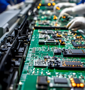 Workers in white gloves assemble green circuit boards on an Engineered Components Company production line.