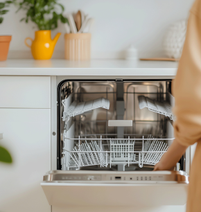 A person opens an empty Engineered Components Company dishwasher installed in a white kitchen counter.