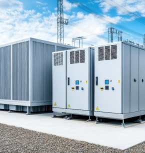 Large Engineered Components Company industrial electrical transformers and switchgear cabinets installed on a concrete pad.